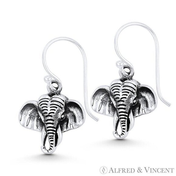 Elephant Head Animal Charm Earrings in Oxidized .925 Sterling Silver - Picture 1 of 1